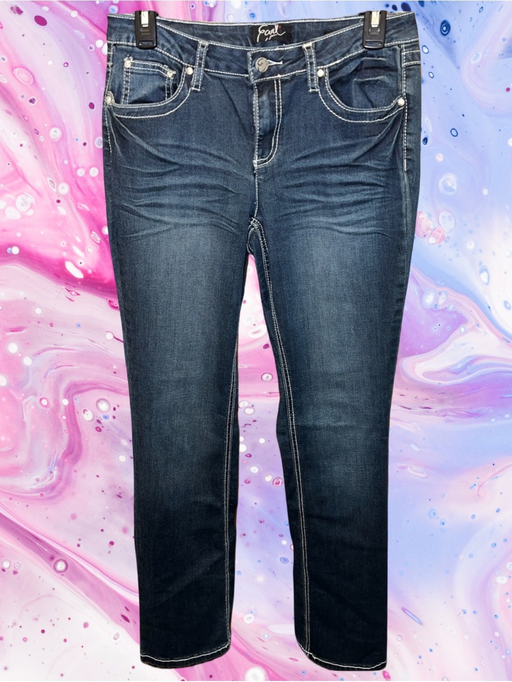Y2K Earl Jean Barely Boot Embellished Bling Pocket Jeans Size 8 Dark Wash